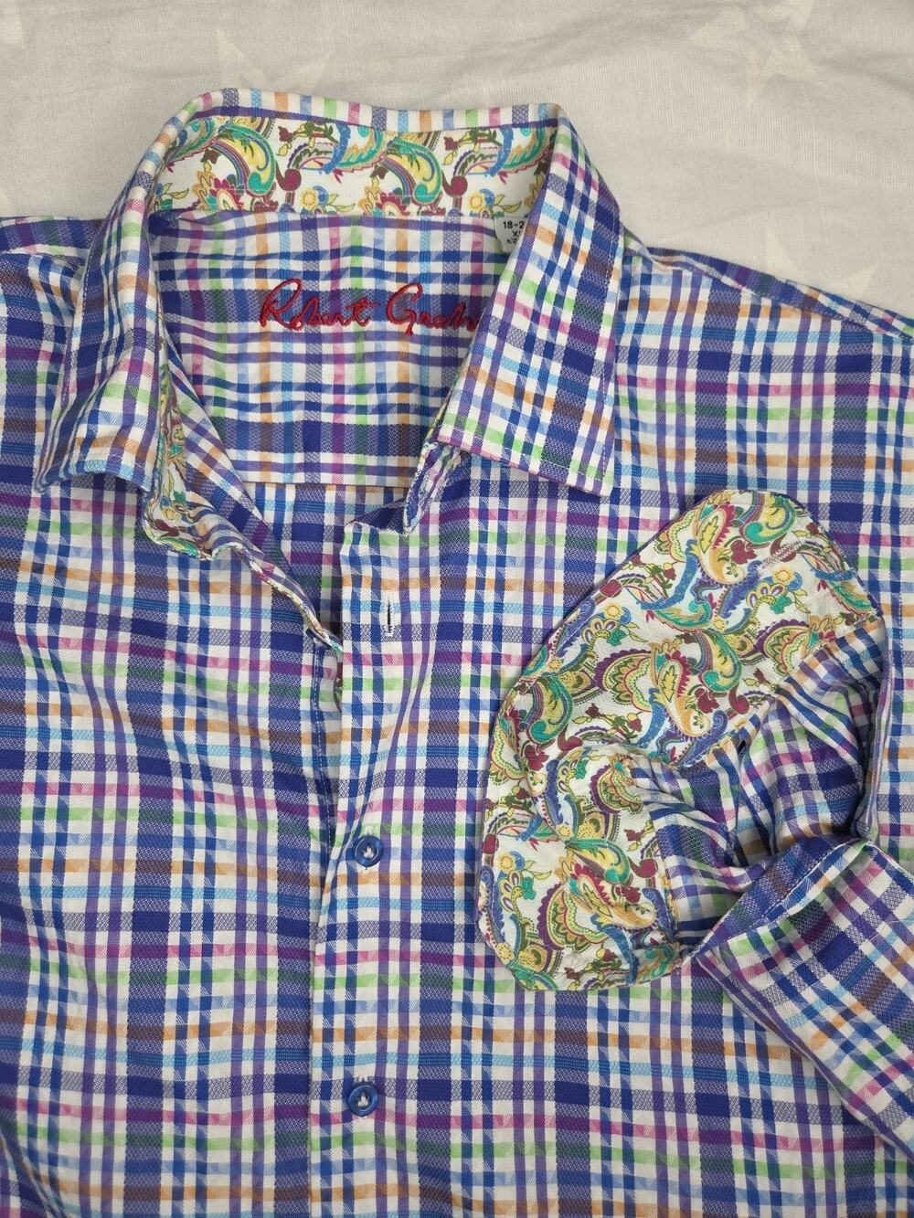 Robert Graham Shirt Mens 18-20 Blue Check Plaid Flip Cuff Long Sleeve XL